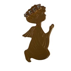 Vintage Gold Tone Praying Angel Brooch Pin Rhinestones Halo Etched Metal Disc